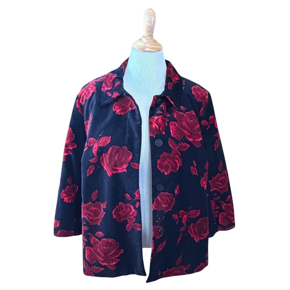 Talbots Woman Red Rose Floral Velvet Jacket Black Cotton Button Front 18W NWT